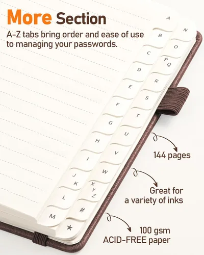 Miniatura 45 de WEMATE Libro de contraseñas con pestañas alfabéticas, libro en espiral para personas mayores, cuaderno de contraseñas de Internet, diario