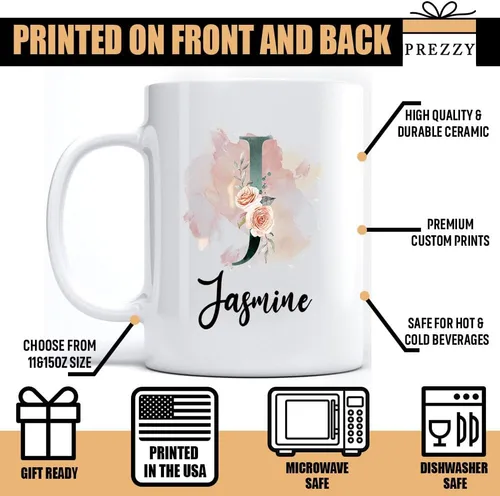 Miniatura 2 de PREZZY Taza personalizada con letra J con inicial, monograma personalizado, taza de café floral, regalos para mujeres, hombres, familiares, amigos