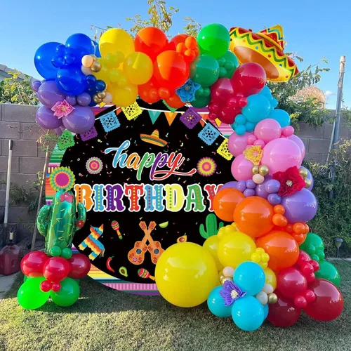 Miniatura 2 de Renaiss Cubierta de fondo redonda de 3 x 3 pies para fiesta mexicana de cumpleaños, temática de feliz cumpleaños, fotografía de fondo, banderas