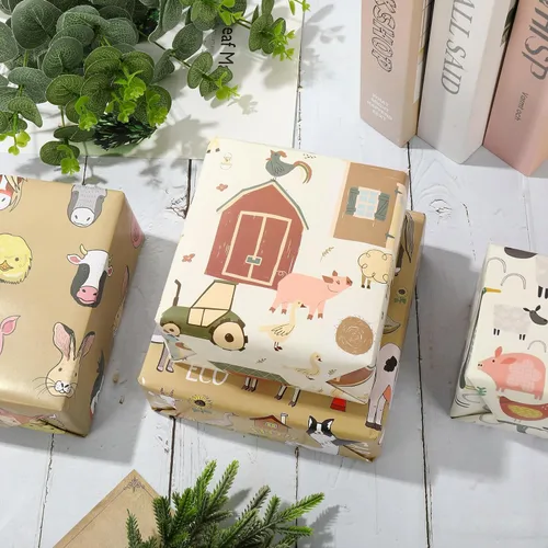 Miniatura 5 de 12 hojas de papel de regalo de granja, no enrollado, papel de regalo con tema de animales de granja, plegado a granel, plano retro, caricatura