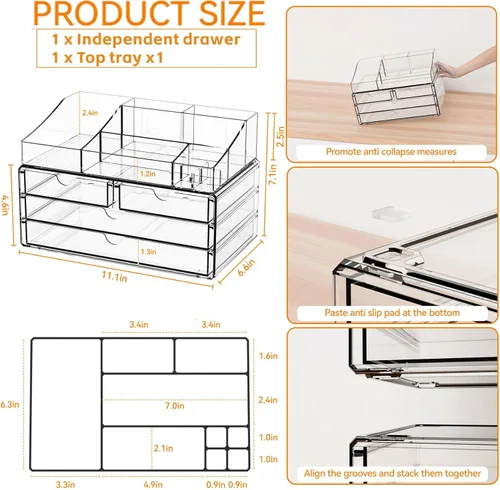Miniatura 3 de Yieach Organizadores de maquillaje acrílico para mostrador, escritorio y tocador, paquete de 2 organizadores apilables para encimera de baño