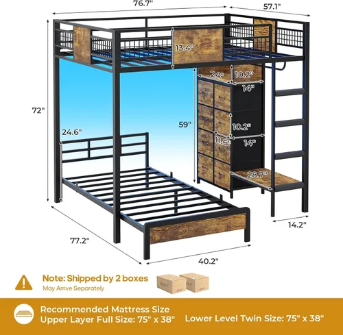 Miniatura 2 de ADORNEVE Litera Full sobre Twin con 8 cajones de almacenamiento, cama alta de metal con luces LED y estantes de almacenamiento, literas Twin sobre
