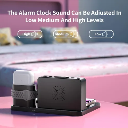 Miniatura 7 de Estación de carga rápida inalámbrica, reloj despertador 7 en 1 con soporte de cargador inalámbrico, base de carga para Apple, para múltiples