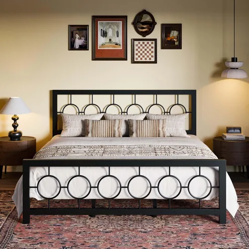 Miniatura 11 de SHA CERLIN Marco de cama de metal tamaño King con cabecera y pie de cama de diseño circular vintage, no requiere somier, fácil montaje, sin ruido