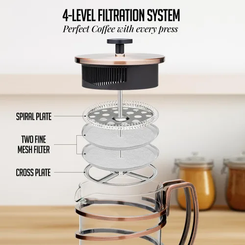 Miniatura 3 de OVENTE Cafetera de prensa francesa de 27 onzas con vidrio de borosilicato resistente al calor, diseño de acero inoxidable y sistema de filtro de 4