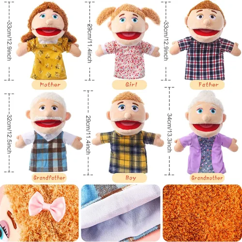 Miniatura 3 de 6 piezas de marionetas de mano familiares de 30 cm, abuelos, mamá y papá, hermano y hermana, marionetas de mano de felpa para niños, juguetes