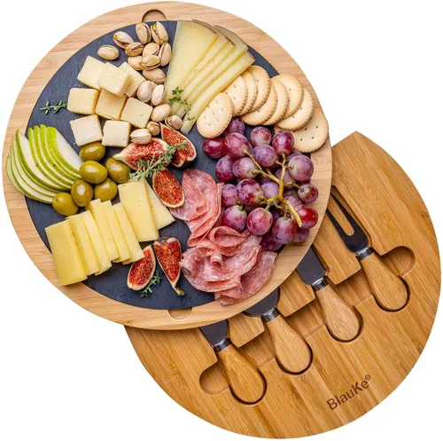 Miniatura 10 de Juego de tabla de queso de bambú y cuchillos, tabla redonda de charcutería de 14 pulgadas, bandeja para servir, plato, juego de tablas de queso