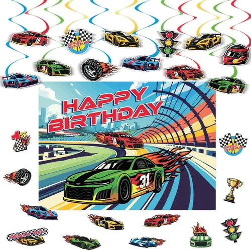 HonuGoGo Kit de decoración de fiesta de cumpleaños de coche de carreras, 26 espirales colgantes con temática de carreras, carteles y recortes con