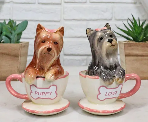 Miniatura 8 de Ebros - Juego de salero y pimentero de cerámica de Yorkshire Terriers Yorkie de cerámica con tazas de té, juego de salero y pimentero, figuras
