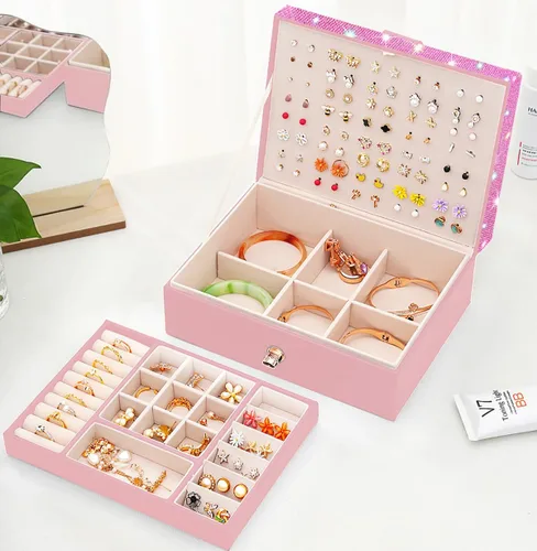 Miniatura 56 de Joyero de pendientes para mujeres y niñas, organizador de aretes de 5 capas, caja organizadora de joyas blanca con candado, collares y aretes