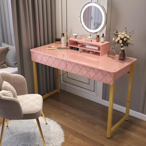 Miniatura 5 de WESTREE Mesa de Tocador con 2 Cajones y Estante de Almacenamiento, Mesa de Maquillaje Moderna con Escritorio Brillante, Escritorio de Marco Dorado