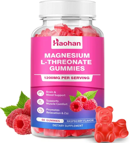 Gomitas de magnesio L-treonato de 1200 mg para apoyar la concentración y los músculos, sabor a frambuesa sin azúcar, 60 unidades para adultos y niños