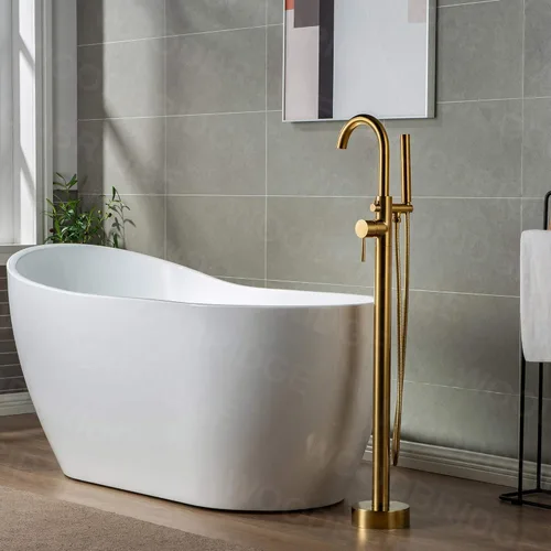 Miniatura 6 de WOODBRIDGE Grifo de llenado de bañera independiente contemporáneo de una sola manija con ducha de mano en acabado dorado cepillado, F0007BGRD