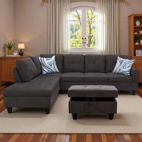 Miniatura 25 de Sofá modular de cuero en forma de L de 3 piezas – Sofá modular convertible con diván móvil y otomana de almacenamiento, uso multiescenario para sala