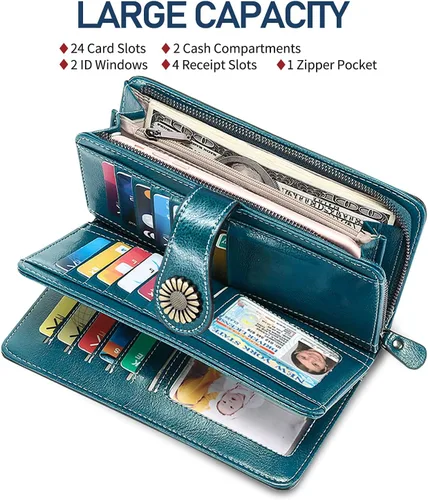 Miniatura 4 de HUANLANG Cartera grande de cuero para mujer con bolsillo para monedas, organizador de cartera RFID para mujer con correa para muñeca, Estilo 2