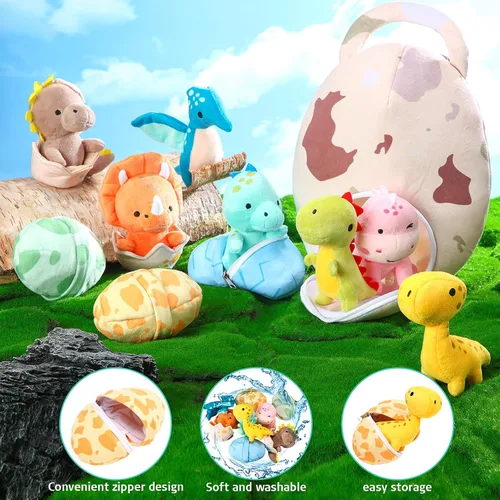 Miniatura 4 de Zhanmai 11 piezas de juguete de dinosaurio de Pascua de peluche pequeño y bolsa de huevos Dino de peluche lindo juguete de dinosaurio de peluche