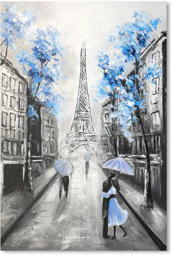 Miniatura 9 de YPY Arte de Pared en Lienzo Floral Azul de París: Imagen de Flor Azul Torre Eiffel Gris para Decoración de Baño, Pintura Texturizada de Paisaje