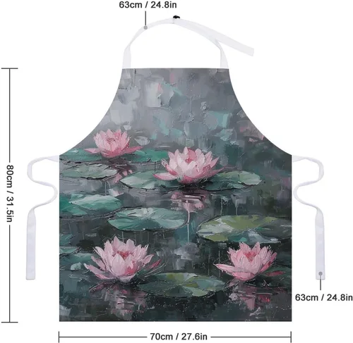 Miniatura 2 de MUSM Apron for Adults - 27.6 X 31.5 Inch, Heavy-Duty Polyester Aprons with Two Large Pockets, Waterproof Peach Water Lily Painting Kitchen Apron for