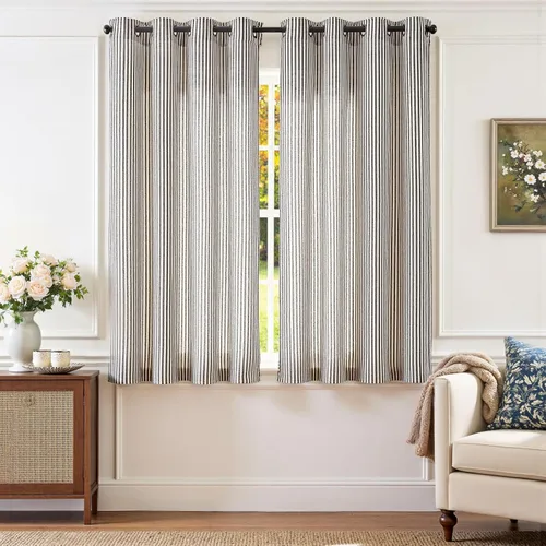 Miniatura 33 de JINCHAN Cortinas de lino para sala de estar o dormitorio, con estampado a rayas verde salvia sobre beige, rayas delgadas que filtran la luz