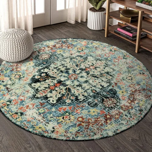 Miniatura 2 de Lahome Alfombra redonda de medallón floral bohemio, alfombra redonda de entrada de 4 pies, alfombra circular suave para baño, color verde azulado