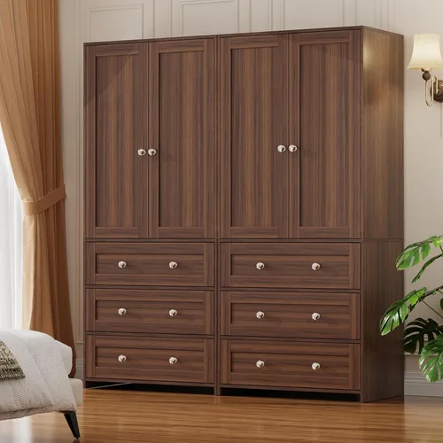 Miniatura 13 de VOWNER Armario Clóset con Cajones y Espejo, Gabinete de Almacenamiento de Ropa de 71" con Barra Colgante, Armario de Dos Puertas de Madera