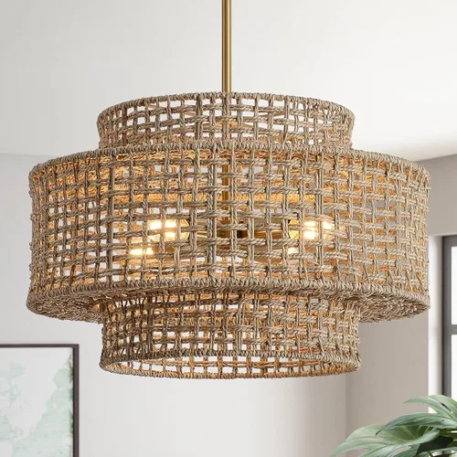 Miniatura 15 de 12.4” Candelabro de ratán boho, 1 luz, lámpara colgante tejida a mano, lámpara colgante rústica de estilo granja para isla de cocina, recámara