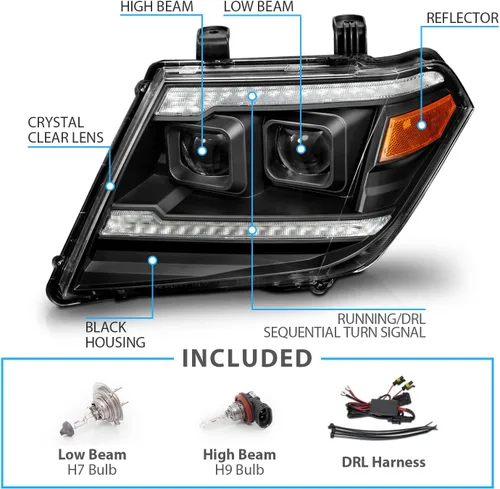 Miniatura 4 de AmeriLite para camioneta pickup Nissan Frontier 2009-2020 Juego de faros delanteros de proyector negro con tubo LED DRL y señal secuencial