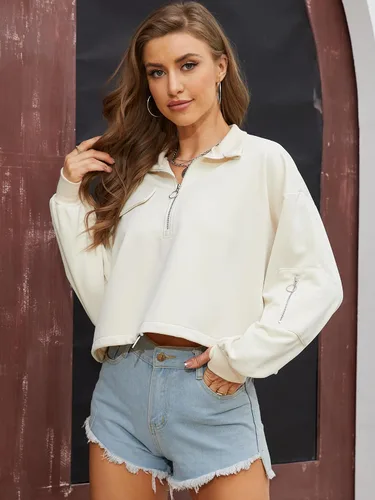 Miniatura 4 de SILKWORLD Sudadera corta con cremallera de un cuarto para mujer, manga larga, cuello alto, cordón ajustable, con bolsillos