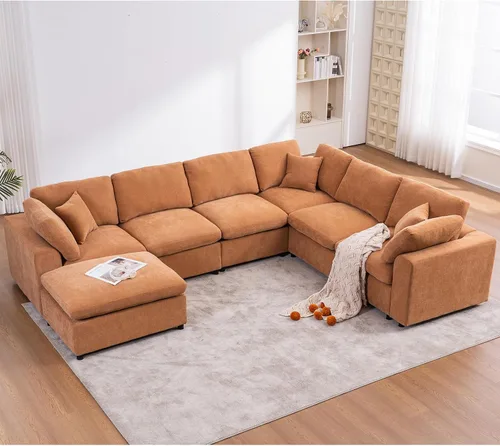 Miniatura 12 de Sofás modulares de nube seccionales para sala de estar, sofá modular grande con otomana, sofá de 3 plazas en forma de L con almohada, color beige