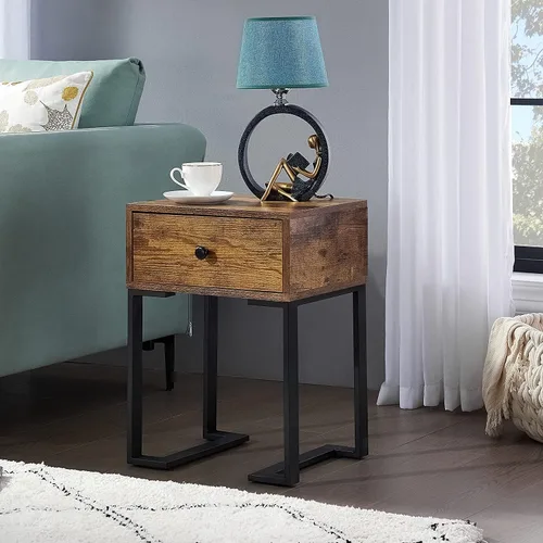 Miniatura 7 de VECELO Mesita de noche con cajón de almacenamiento, mesa auxiliar/auxiliar para dormitorio, marco de metal resistente