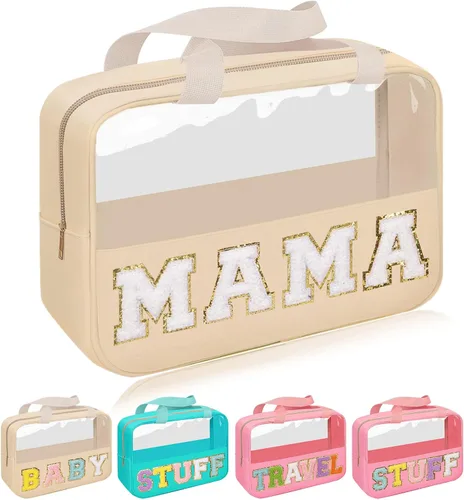Miniatura 10 de Iqimott Bolsa de bebé con parche de letras de chenilla, bolsa de cosméticos transparente para maquillaje, bolsa grande de almacenamiento
