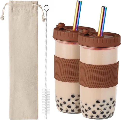 Miniatura 11 de Amyoole Paquete de 2 tazas Boba reutilizables, vasos de batido de boca ancha de 24 onzas, vasos de vidrio con tapas y popotes, tazas de té