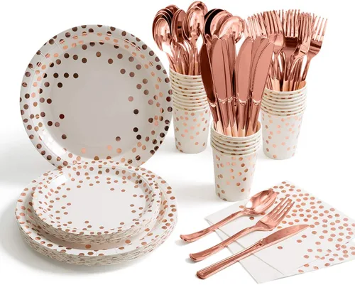 Miniatura 8 de HOMIX Suministros de fiesta negros y dorados, 175 piezas, platos desechables de papel negro, servilletas, vasos, tenedores de plástico dorado