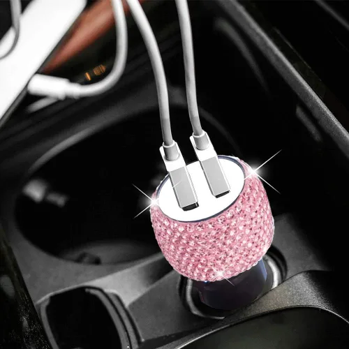 Cargador de coche con doble USB, diamantes de imitación hechos a mano para decoración de coche de carga rápida, color rosa para iPhone, iPad Pro/Air