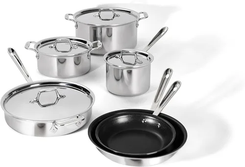 All-Clad D3 Juego de Utensilios de Cocina Antiadherentes de Acero Inoxidable de 3 Capas, 10 Piezas, Seguro para Horno y Parrilla 600F, Juego de