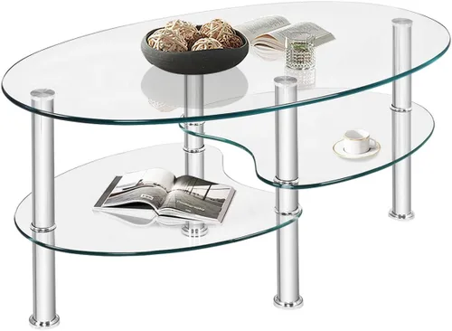 Miniatura 8 de POWERSTONE Mesa de centro ovalada negra de 3 niveles de vidrio templado, pequeña y moderna para oficina en casa, sala de estar, espacios pequeños