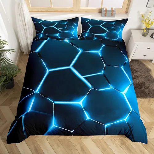 Miniatura 25 de Feelyou Juego de funda de edredón de panal de abeja, color verde y amarillo, juego de ropa de cama hexagonal para niños y niñas, funda de edredón