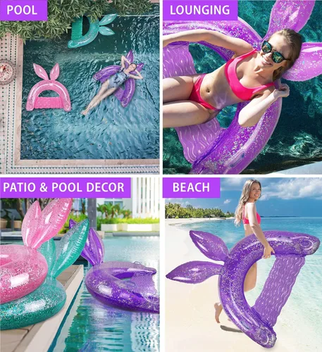 Miniatura 3 de POZA Silla flotante inflable de conejo, flotadores inflables de confeti brillante, 2 portavasos y asas integrados, silla flotante inflable
