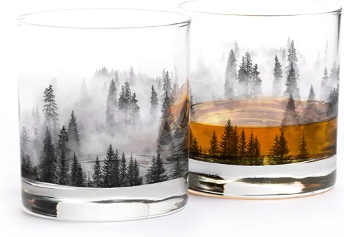 Black Lantern Juego de 2 vasos de whisky, vasos de cóctel antiguos de 11 onzas con ilustraciones de bosque y nubes, vasos de rocas prémium para