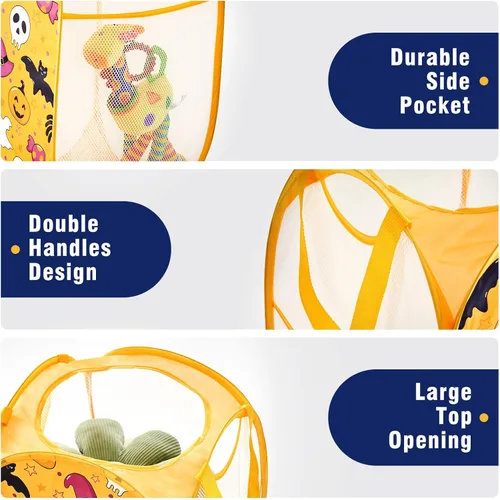 Miniatura 4 de TECHMILLY Cesta de Lavandería de Malla Emergente Plegable con Asas Resistentes y Bolsillo Lateral - Cestas de Ropa Portátiles Plegables