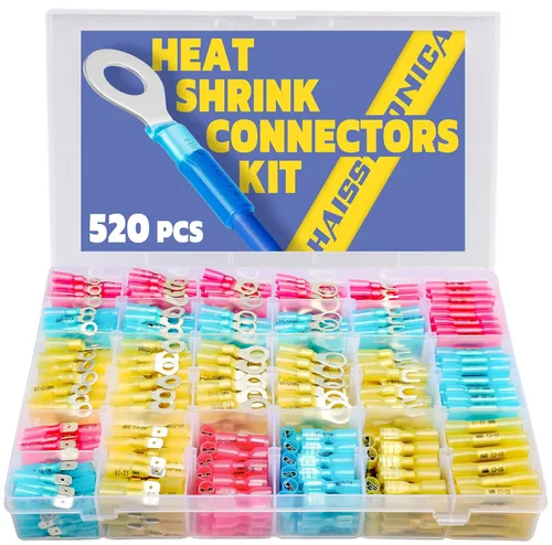 haisstronica 520 conectores de alambre termorretráctiles de grado marino, kit de conectores eléctricos de cobre rojo estañado, calibre 16-14, 22-16,