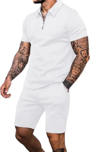 Babioboa Conjunto de camisa polo de manga corta y pantalones cortos para hombre, conjunto de verano de dos piezas con 3 bolsillos con cremallera,
