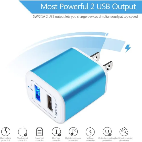 Miniatura 4 de Cargador de pared con enchufe USB, bloque de carga, paquete de 2 unidades AILKIN 2.1A de carga rápida, adaptador de corriente de doble puerto, caja