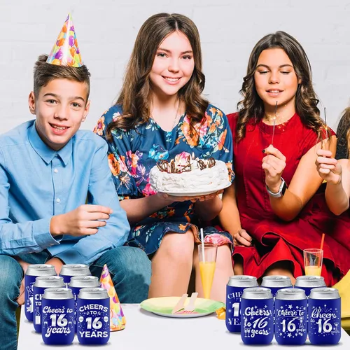 Miniatura 6 de Decoración de manga enfriadora de latas de cumpleaños número 16, 24 piezas de recuerdos de fiesta para niñas y niños, suministros de decoración
