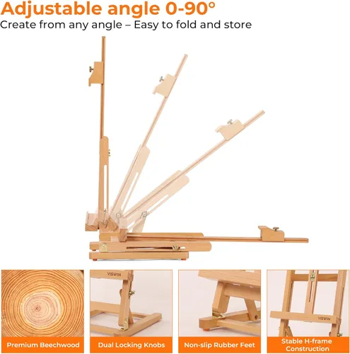 Miniatura 4 de VISWIN Caballete de mesa con marco en H de 25 pulgadas para pintar, caballete de mesa de madera de haya ajustable, caballete de arte portátil
