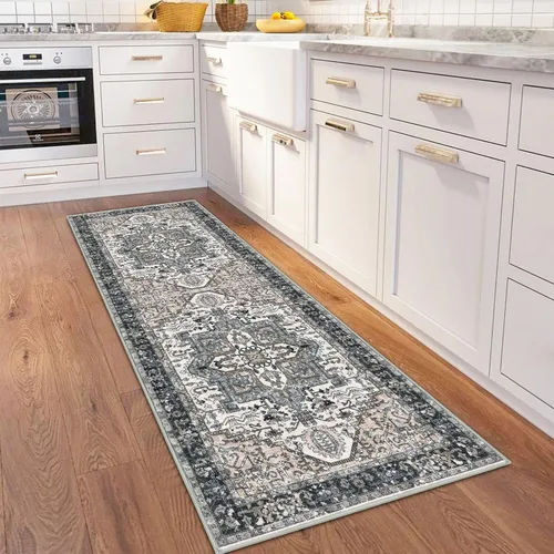 Miniatura 2 de KOZYFLY - Tapete de pasillo de 2 x 6 pies, lavable, bohemio, lana sintética, con estampado, estilo oriental, para cocina, entrada interior, gris