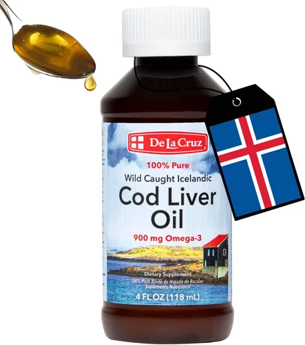 De La Cruz Aceite de hígado de bacalao líquido puro de pescado islandés capturado en la naturaleza, rico en vitamina D y aceite de pescado Omega 3,