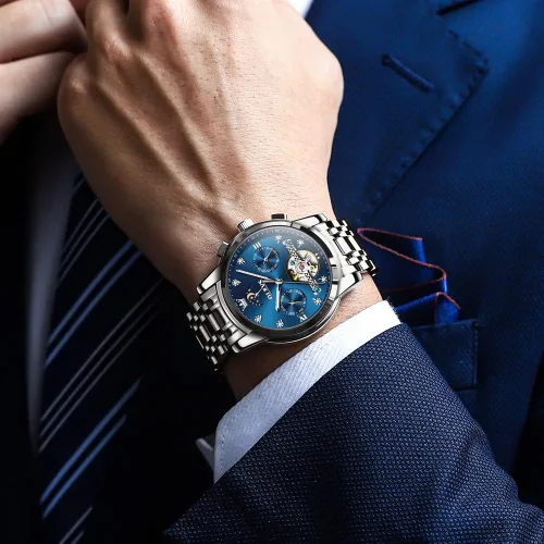 Miniatura 3 de OLEVS Men Automatic Watch Skeleton Moon Phase Dial Luxury Dress Stainless Steel Strap 5 Hands Diamond Men Wrist Watches