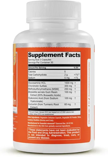 Miniatura 3 de Essential Elements Glucosamina Condroitina MSM Boswellia Serrata Suplemento de ácido hialurónico Soporte Articular, Suplemento antioxidante