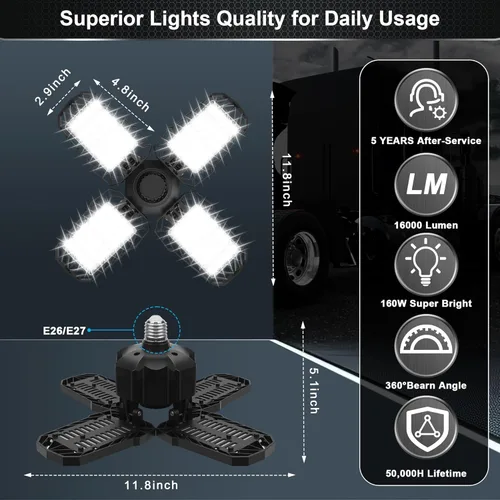 Miniatura 4 de Paquete de 2 luces LED para garaje, 150W 15000LM 6500K luces LED para taller, luces de garaje de techo LED con 4 paneles deformables, rosca